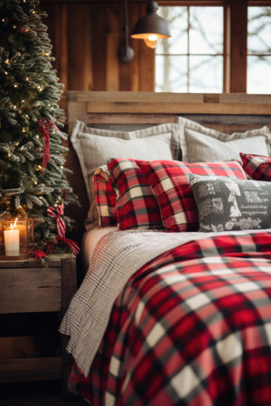 Cozy bedroom with a plaid blanket and holiday-themed pillows.の素材