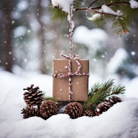 gift box with an empty tag hanging from a tree branch, surrounded by snow and pine cones.の素材