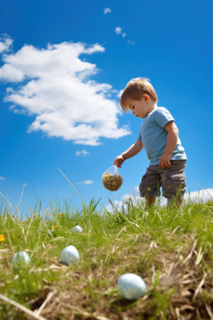 Playful shot of a child hunting for Easter eggs in a grassy field with a blue sky and white clouds background.の素材