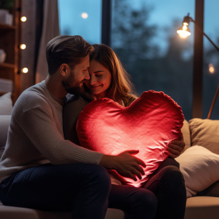 couple cuddling on a couch with a heart-shaped pillow in the foreground and a blurred bokeh background.の素材