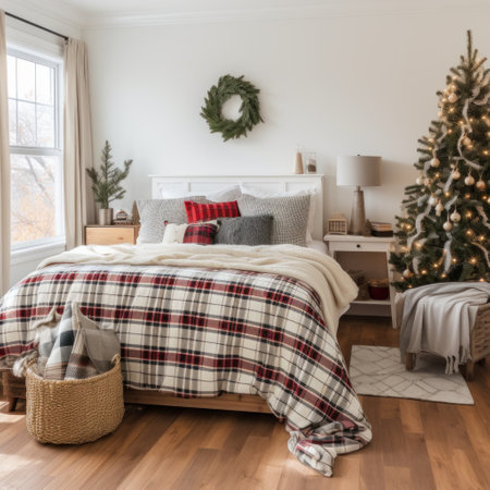 Cozy bedroom with a plaid blanket and holiday-themed pillows.の素材