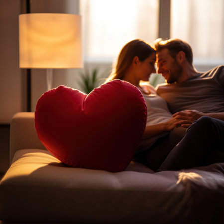 couple cuddling on a couch with a heart-shaped pillow in the foreground and a blurred bokeh background.の素材