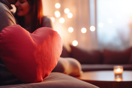 couple cuddling on a couch with a heart-shaped pillow in the foreground and a blurred bokeh background.の素材