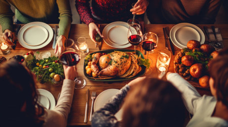 A group of friends or family gathered around a table, enjoying a holiday mealの素材