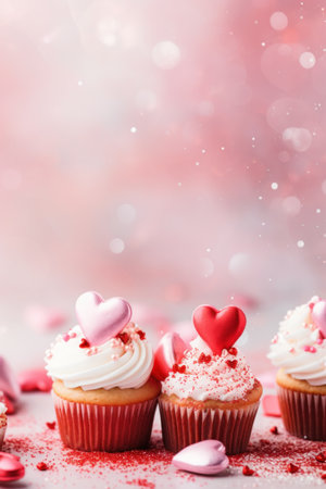 Valentine's Day party with heart-shaped decorations, confetti, and cupcakes.の素材