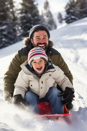 A father and son sledding down a hill together, both with smiles on their facesの素材