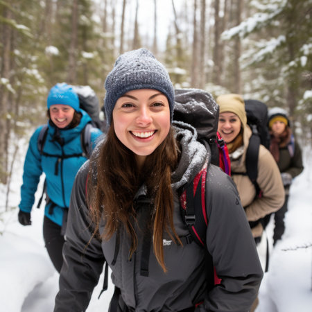 A group of hikers smiling as they trek through a snowy forestの素材