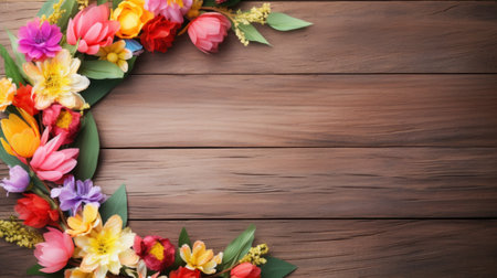 A festive spring wreath made of colorful flowers and greenery on a wooden background.の素材
