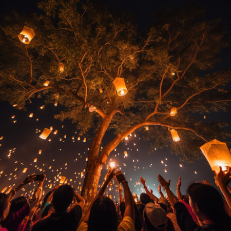 People releasing sky lanterns into the night sky.の素材