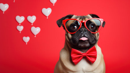 Dog surrounded by heart-shaped balloons.の素材