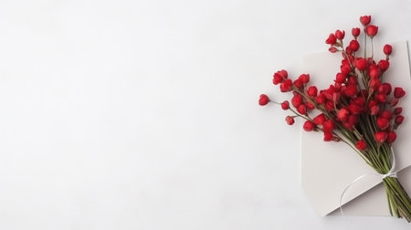 Small bouquet of red flowers on a white background with a gift boxの素材