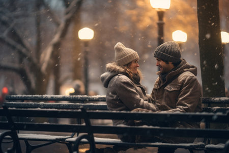 A man and woman sitting on a bench together, drinking hot cocoa and watching the snow fallの素材