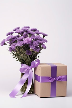 small bouquet of purple flowers on a white background with a gift box.の素材