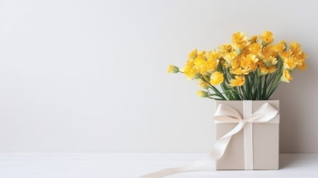 small bouquet of yellow flowers on a white background with a gift boxの素材