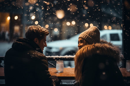 A man and woman sitting on a bench together, drinking hot cocoa and watching the snow fallの素材