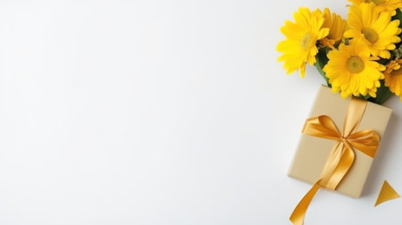 small bouquet of yellow flowers on a white background with a gift boxの素材