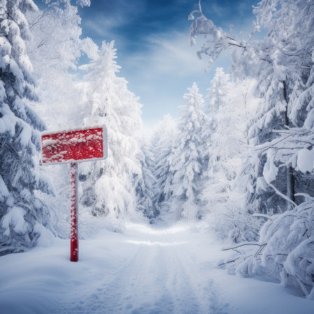 A stunning photo of a winter wonderland landscape with snow-covered trees and a red empty banner in the foreground.の素材