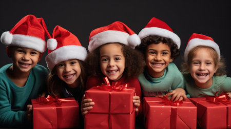 Group of children wearing Santa hats, holding presents.の素材