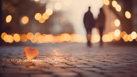 A romantic scene of a couple holding hands with a blurred heart-shaped bokeh in the background.の素材