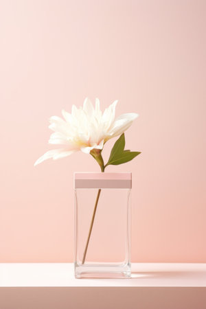 A single white flower in a glass vase sits on a light pink background with a gift box.の素材