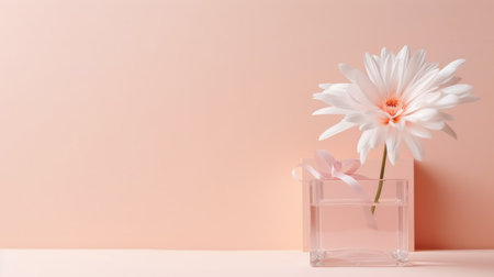 A single white flower in a glass vase sits on a light pink background with a gift box.の素材