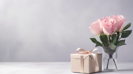 A single pink flower in a glass vase sits on a light gray background with a gift box.の素材