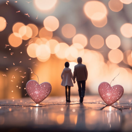 A romantic scene of a couple holding hands with a blurred heart-shaped bokeh in the background.の素材