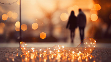 A romantic scene of a couple holding hands with a blurred heart-shaped bokeh in the background.の素材