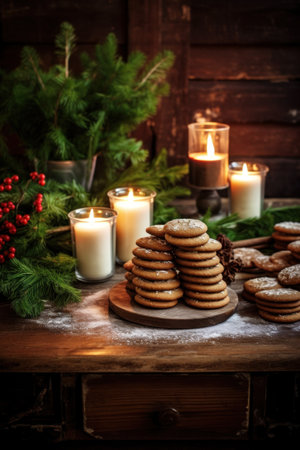 A rustic wooden table with candles, greenery, and a plate of Christmas cookies.の素材
