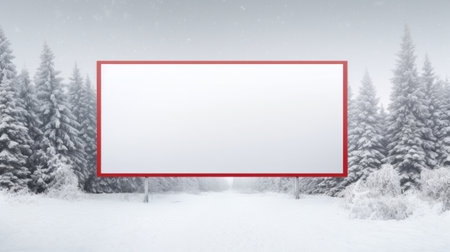 A stunning photo of a winter wonderland landscape with snow-covered trees and a red empty banner in the foreground.の素材