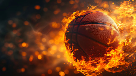 A basketball ball on fire on a black background on the right.の素材