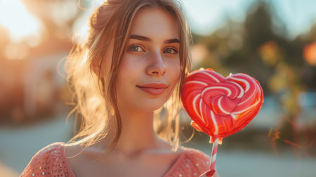 A beautiful girl stands looking at the camera and holds a large lollipop in the shape of a red heart in her hand.の素材