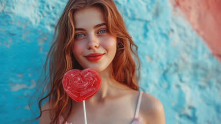 A beautiful girl stands looking at the camera and holds a large lollipop in the shape of a red heart in her hand.の素材