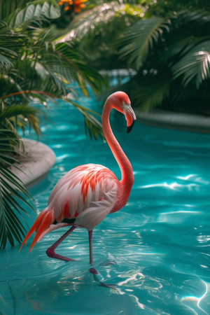 A beautiful pink flamingo walks near a blue pool. Tropical plants around.の素材