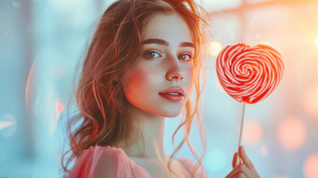 A beautiful girl stands looking at the camera and holds a large lollipop in the shape of a red heart in her hand.の素材