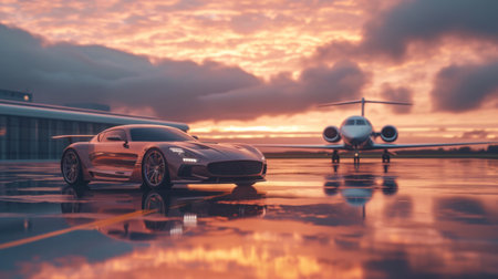 A luxury abstract car stands near a business jet on the runway.の素材
