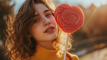 A beautiful girl stands looking at the camera and holds a large lollipop in the shape of a red heart in her hand.の素材
