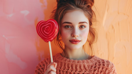 A beautiful girl stands looking at the camera and holds a large lollipop in the shape of a red heart in her hand.の素材