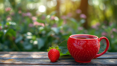 A beautiful red teapot in the shape of a strawberry stands next to a red cup of tea on a wooden table.の素材