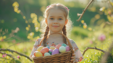 A beautiful happy girl stands on a green lawn and holds a basket with colorful Easter eggs in her hands.の素材