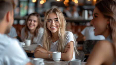 A company of young students drinks coffee in a summer cafe.の素材