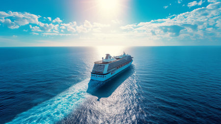 A large cruise ship sails across the endless blue ocean on a bright sunny day.の素材
