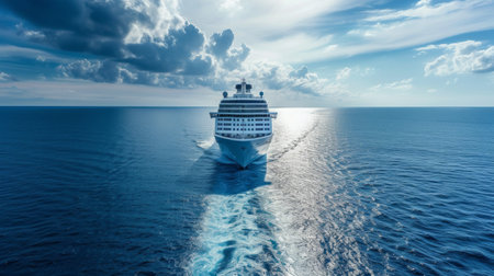 A large cruise ship sails across the endless blue ocean on a bright sunny day.の素材