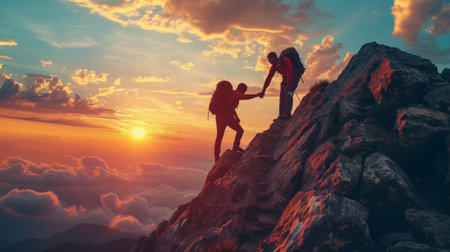 A man standing on the top of a mountain gives a helping hand to a second man who is just climbing up.の素材