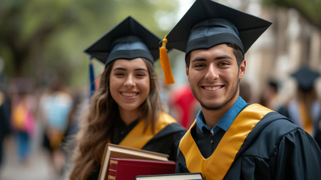 A couple of happy graduates wearing graduation caps smile while looking at the camera.の素材
