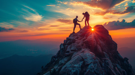 A man standing on the top of a mountain gives a helping hand to a second man who is just climbing up.