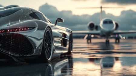 A luxury abstract car stands near a business jet on the runway.の素材