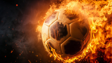 A soccer ball on fire on a black background on the right. Plenty of space for text.の素材