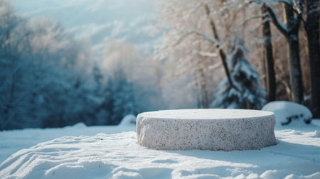 A white empty stone round podium stands on the snow.の素材
