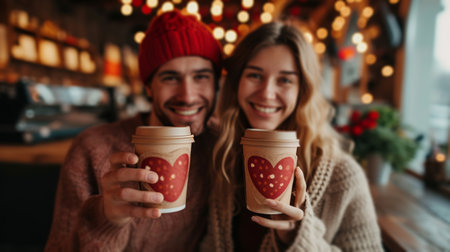 A beautiful young and happy couple drinks coffee together in a coffee shop on foam coffee cups in the shape of hearts.の素材